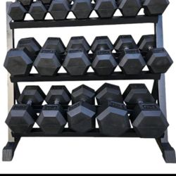 
RUBBER HEX DUMBBELLS SET:
  5-50lb. WITH THE RACK.
