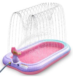 65" Mermaid Splash Pad & Sprinkler for Kids, Large Outdoor Water Play Mat Summer Inflatable Wading Pool