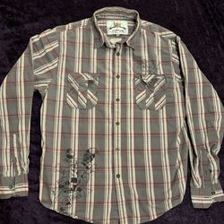 Ed Hardy Xl Born To Win Plaid Graphic Long Sleeve Button Shirt Mens Y2K