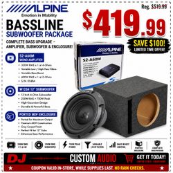 Alpine BassLine Bass Package S2-A60M Mono Subwoofer Amplifier 12" 4-Ohm Speaker Ported Box 750 Watt W12S4 Package 🚨 Payment Options Available 🚨 No C