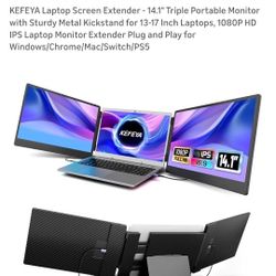 KEFEYA Laptop Screen Extender - 14.1" Triple Portable Monitor with Sturdy Metal Kickstand for 13-17 Inch Laptops, 1080P HD IPS Laptop Monitor Extender