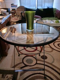 28 Inch Glass Top Foldable Wrought Iron Patio Table Fresh Paint 