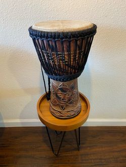 Djembe 10” Hand Drum w/ Sun and Moon Carvings
