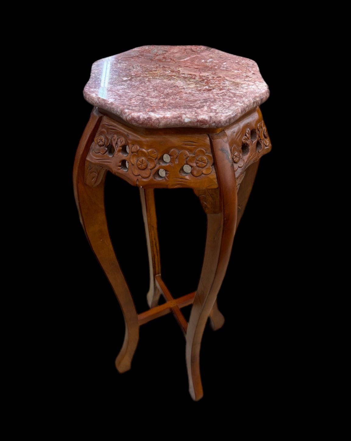 Ornate Chinese, beautiful marble top wooden bottom, hand carved plant stand mid-century