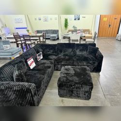 Black Jumbo Corduroy Sectional Sofa With Ottoman