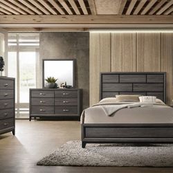 Brand new gray queen bedroom set, chest is extra