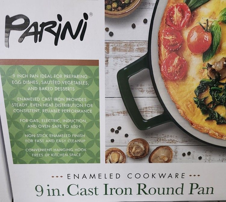 NIB- Green Enamel 9" Cast Iron Parini Round Pan