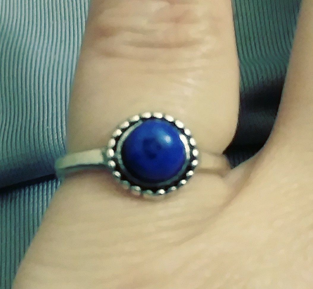 Dainty Silver Plated Blue Sandstone Ring Size 5