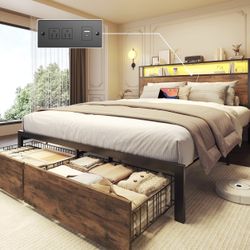 Led Queen bed frame with storage headboard & 2 drawers