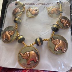 Brass Elephant Necklace & Earrings 