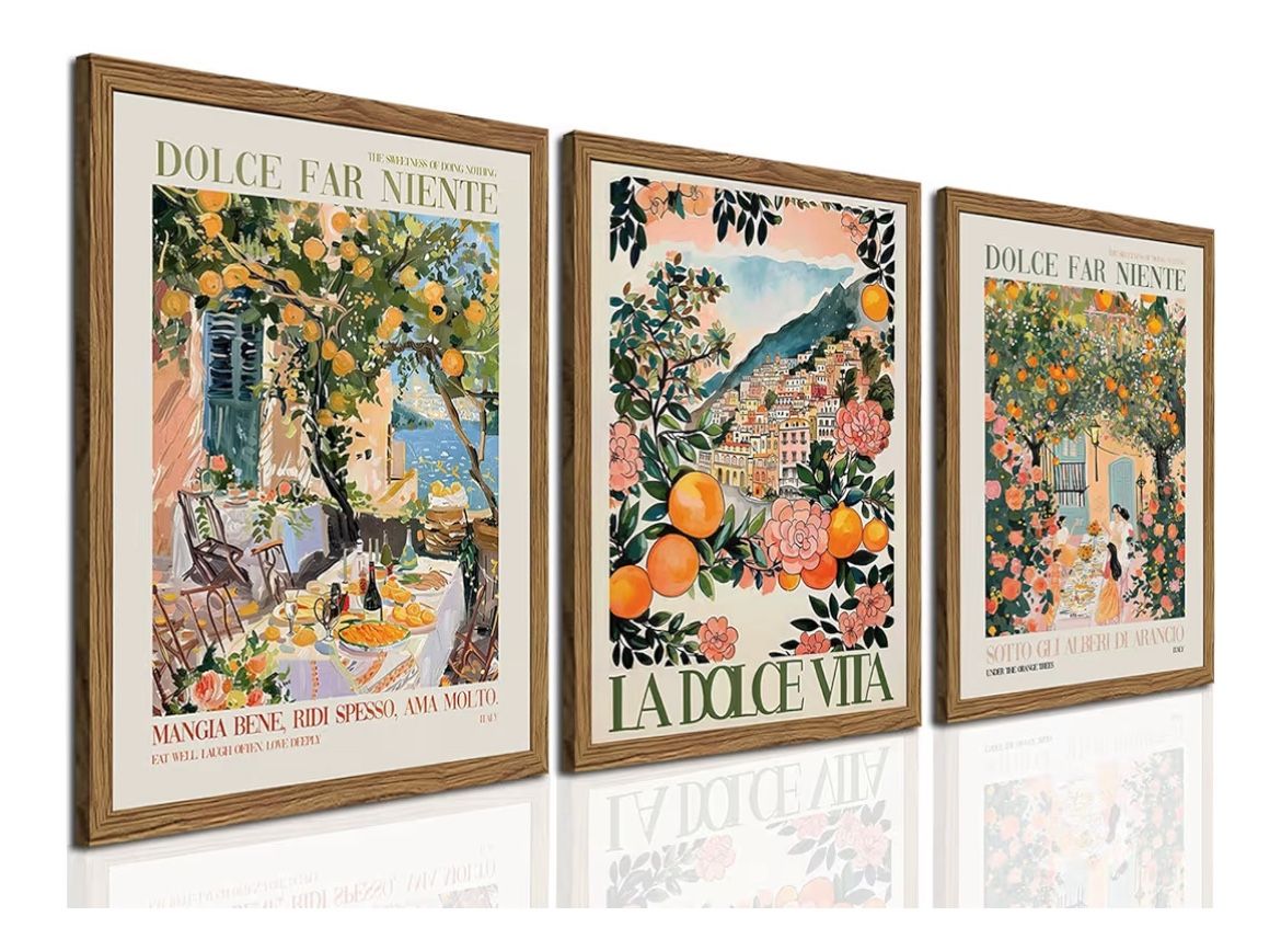 Italy Travel Wall Art Set of 3, Amalfi Coast Wall Decor, Trendy Italian Food Kitchen Poster Canvas Prints, Vintage City Landscape Artwork for Dining R
