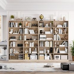 Set of 2pcs  74.3” Double Wide 6-Tier Bookcase, Extra Large Wooden Freestanding Display Bookshelf for Home Office Living Room, Light Oak