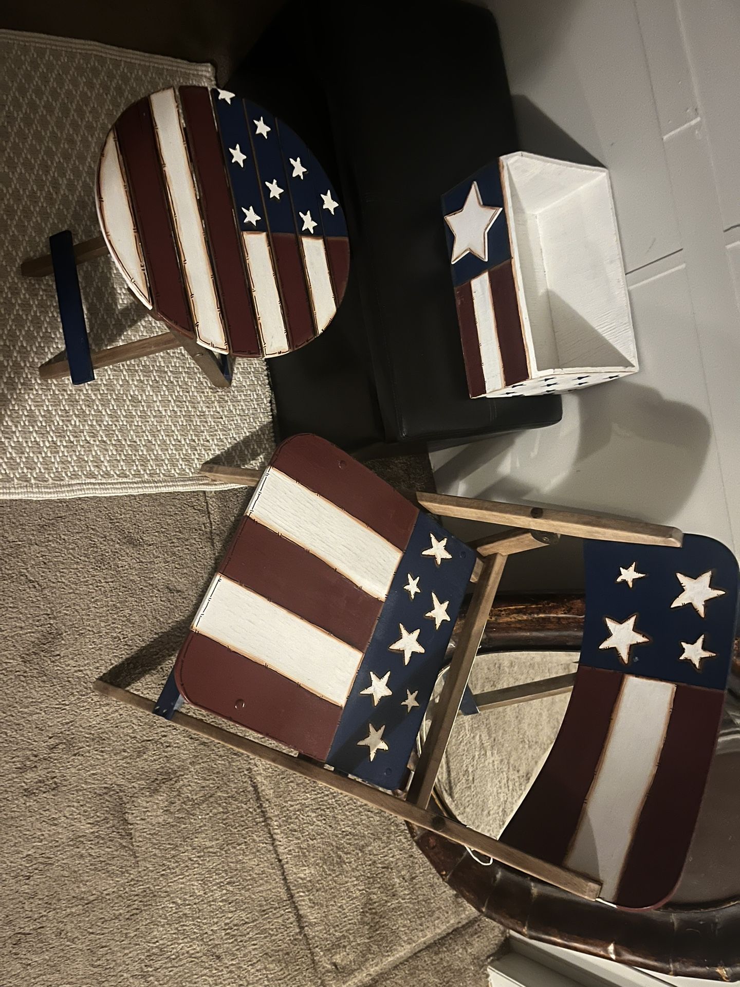 American flag print painted wood chair, table, and magazine holder type box