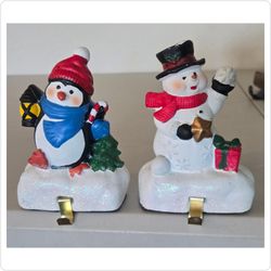 Vintage Style Snowman & Penguin Christmas Stocking Holders – Set of 2 (~5")