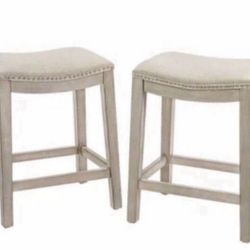 Barton Set of 2 Bar Stools 24" Saddle Backless Padded Nailhead Seat Foot Rest, Beige