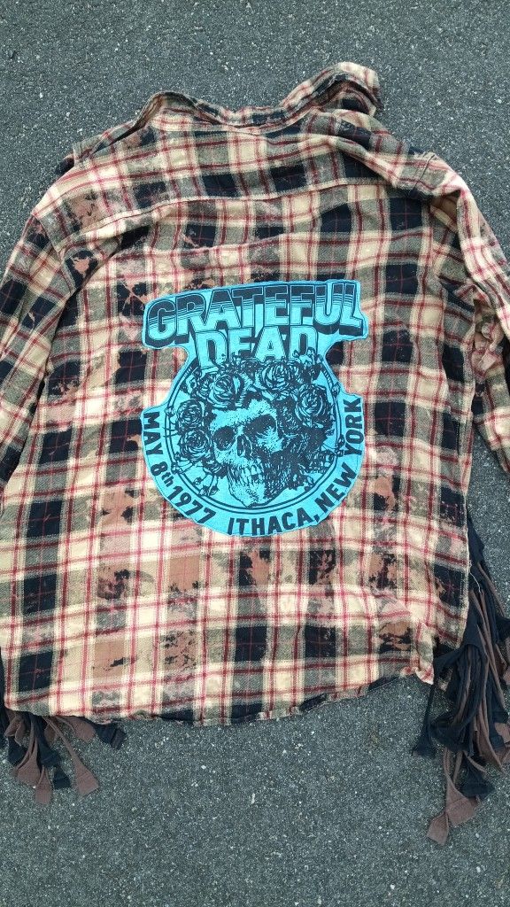 Two Gypsea Souls Vintage Rock Music Graphic Plaid Fringe Flannel Shirt Upcycled sz XL