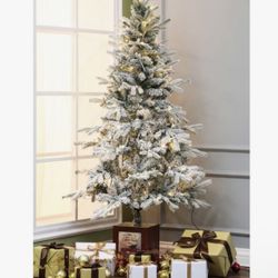 Pre-Lit Clear LED 5 ft. Porch Artificial Christmas Tree with Red Wood Pot, WHAP997