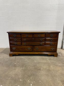 American Drew Chippendale Triple Dresser Cherry 12 Drawer Brass Bail Pulls Bracket Feet Traditional Lowboy