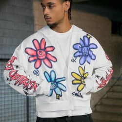 white colorful flower oversized zip up hoodie