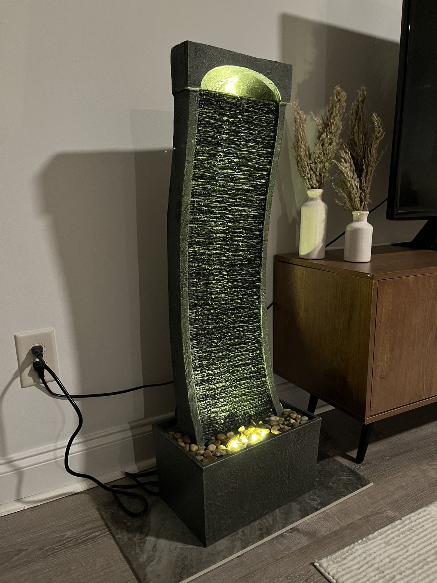 NEW Waterfall Fountain W/ LED, 38.58 Inch Curved Waterfall Fountain, Feng Shui Water Fountain !