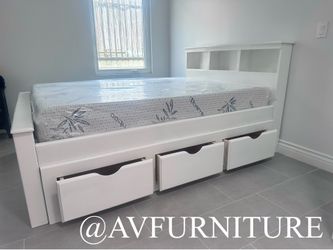 White Full Bed w Drawers and Memory Foam Mattress