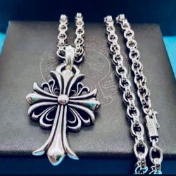 Chrome Hearts Style Antique Silver Plated 2005 Cross Pendant (1” x 1.5”) with 24” Silver Link Chain Necklace