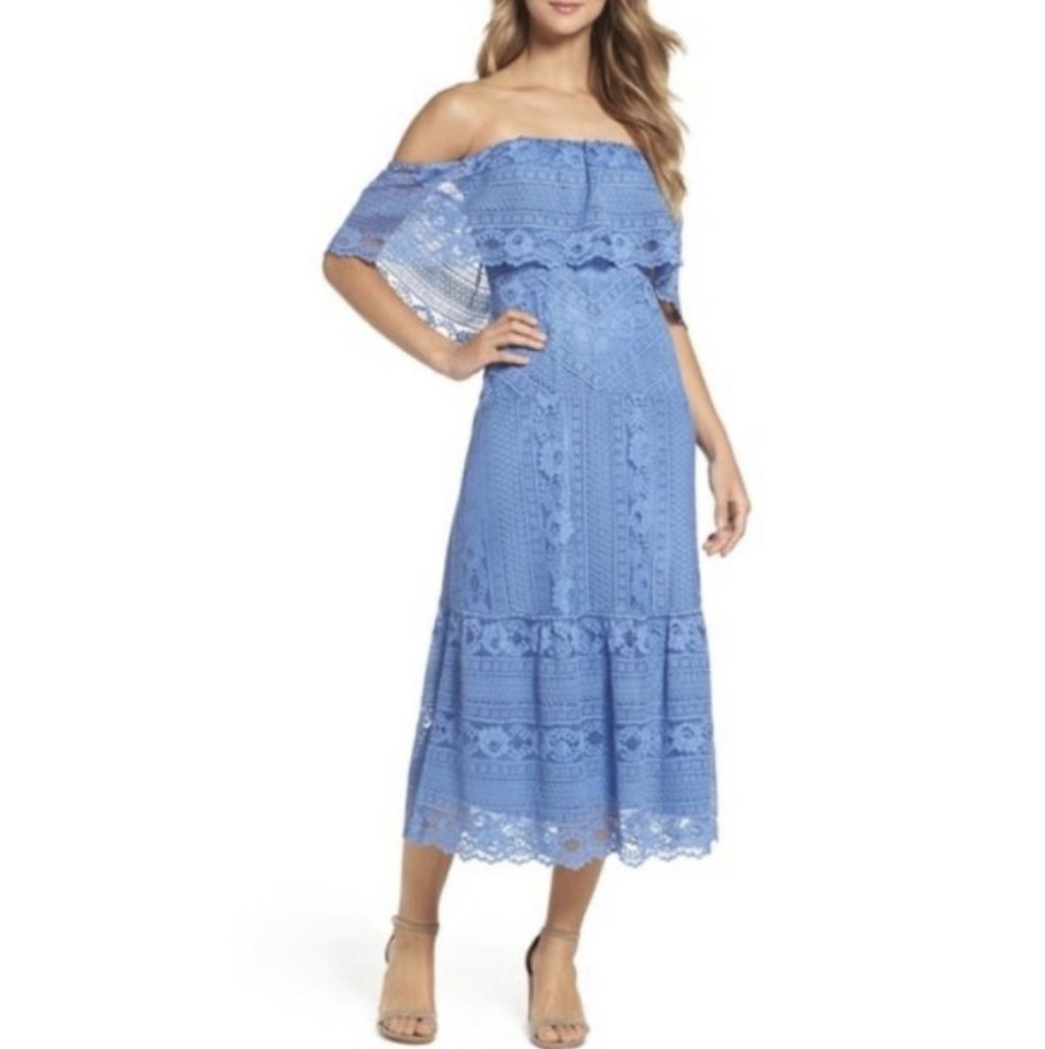 bb dakota blue dress BB Dakota by Steve Madden Blue Ruffle Summer Sunset Dress NWT- Size L  The  Saved Collection