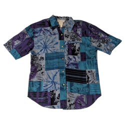 Vintage 80s Retro Donna Marie Blue Purple Abstract Floral Print Button Front Collared Short Sleeve Blouse USA Women's Small