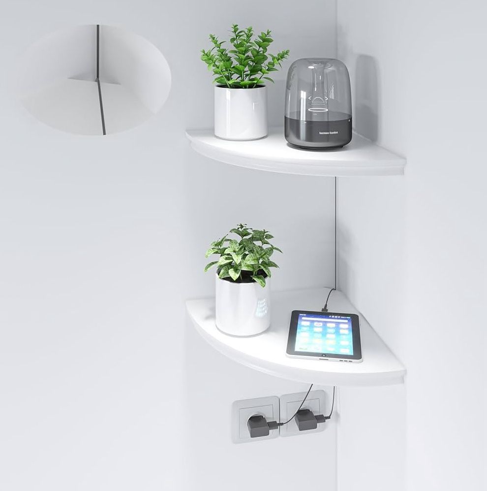 Factory Sealed Floating corner shelves, radial shape, invisible wall mounts. Set of 2 . Hardware included. White
