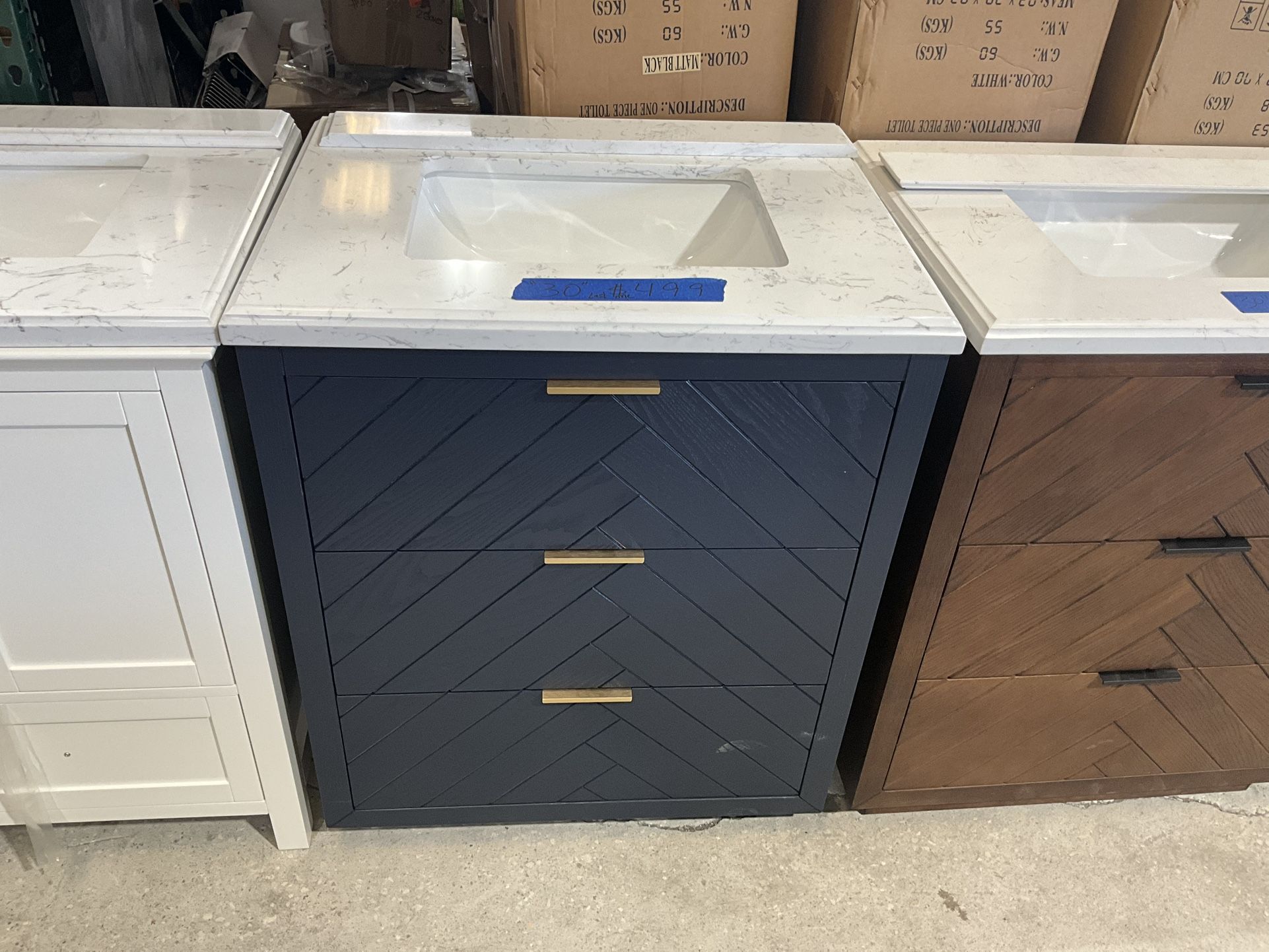 30” Bathroom Vanity in blue , single sink soft close solid wood with vanity top in white  $499  Luke’s liquidations warehouse Address:  2434 N Forsyth
