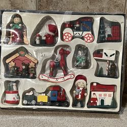 Vtg 12 Piece Box Set Miniature Christmas Tree Ornaments Train Santa