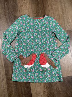 Mini Boden Green Floral Robin Pocket Appliqué Tunic Dress Girls Size 11-12