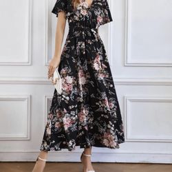 Women Short Sleeve Floral Wrap Maxi Dresses V Neck High Waist Flowy A-Line Long Cocktail Party Dress