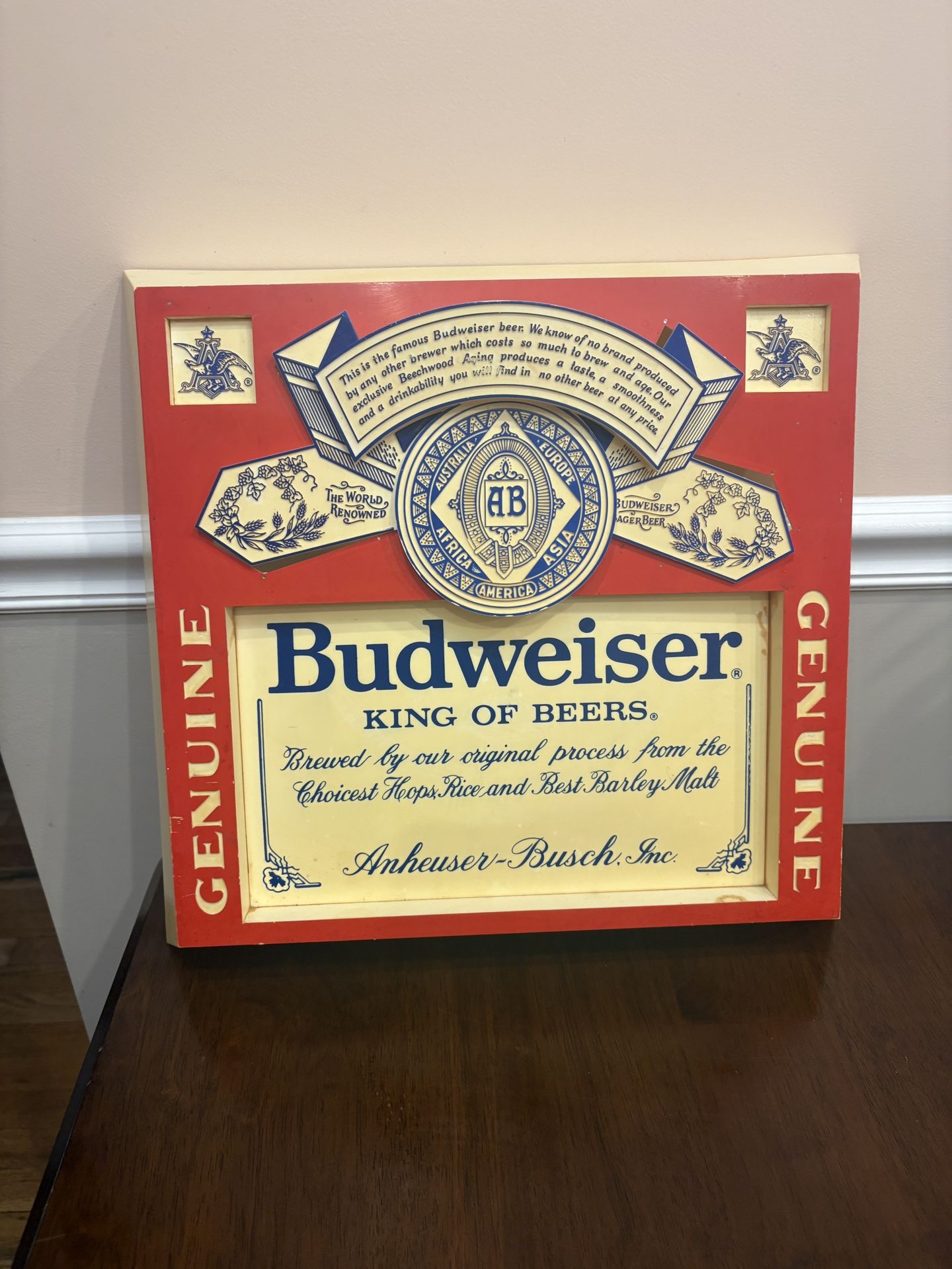 VINTAGE BUDWEISER KING OF BEERS HANGING SIGN 15 1/2” x 16 1/2”