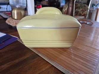 vintage Art Deco yellow ceramic lidded refrigerator dish #5064