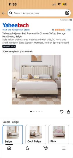 Bed Frame Queen Size Clor Beige with USB Charging Station and Storage. -  Base de cama Color Beige Tamaño Queen con estación de ca