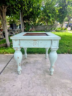 Vintage Rustic Style Chic Light Blue Side Table W/Glass Top