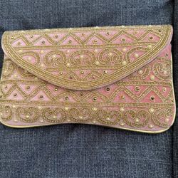Gold And Peach Embroidered Indian Clutch