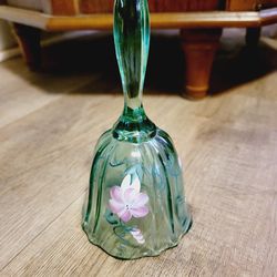 Fenton Green Glass Bell Hand-painted Flowers SIGNED