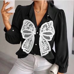 NWT, Lavishly Paris Women’s Laced Bow tie Button Up Blouse.