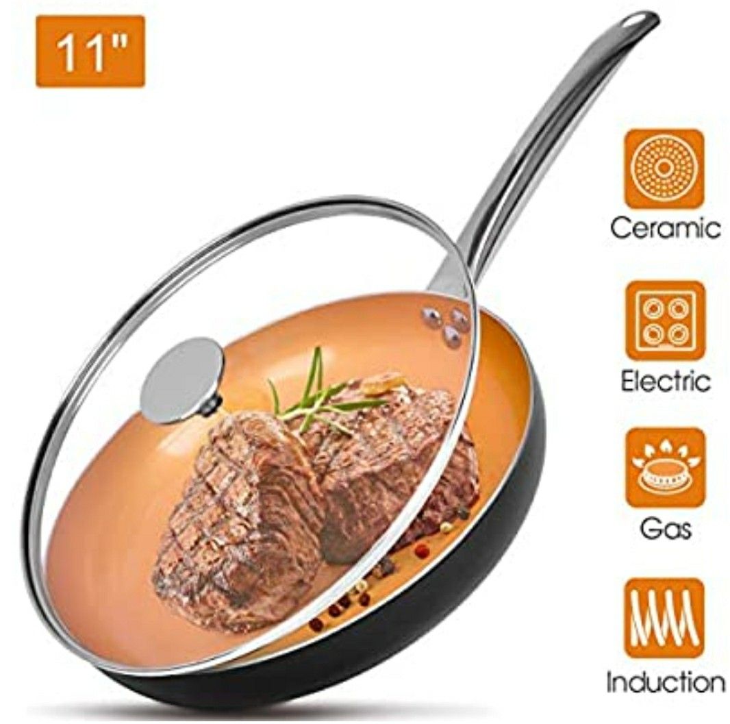 11" Skillet for Frying - Copper Nonstick Frying Pan with Lid,