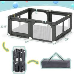 Foldable Playpen for Babies and Toddlers, 72" x 59" Extra Large Collapsible Play Pen with Basket, 4