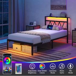 Twin Bed Frame with Smart LED Lights, Storage Headboard and USB Charging Station,Heavy Duty Wooden Slats, No Box Spring Needed, Noise Free, Easy Assem