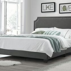 Upholstered Bed with Nail Trim Headboard, King