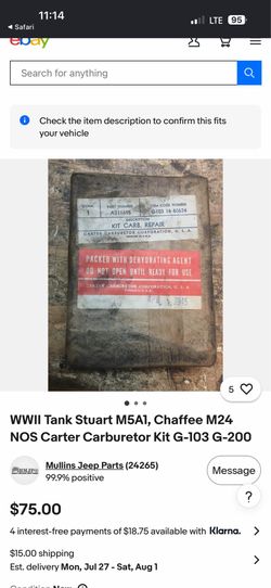 WWII Tank Stuart M5A1, Chaffee M24 NOS Carter Carburetor Kit G-103 G-200