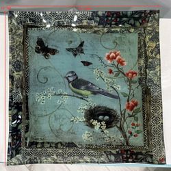 Vintage Janet Tavares Glass “Birds & Butterflies” Hanging Art 