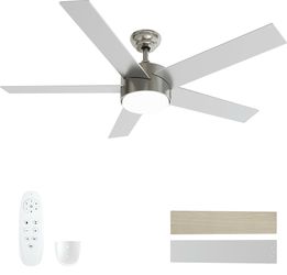New 52” Wood Blades Ceiling Fan Brushed Nickel with Lights& Remote with Reversible DC Motor Dimmable