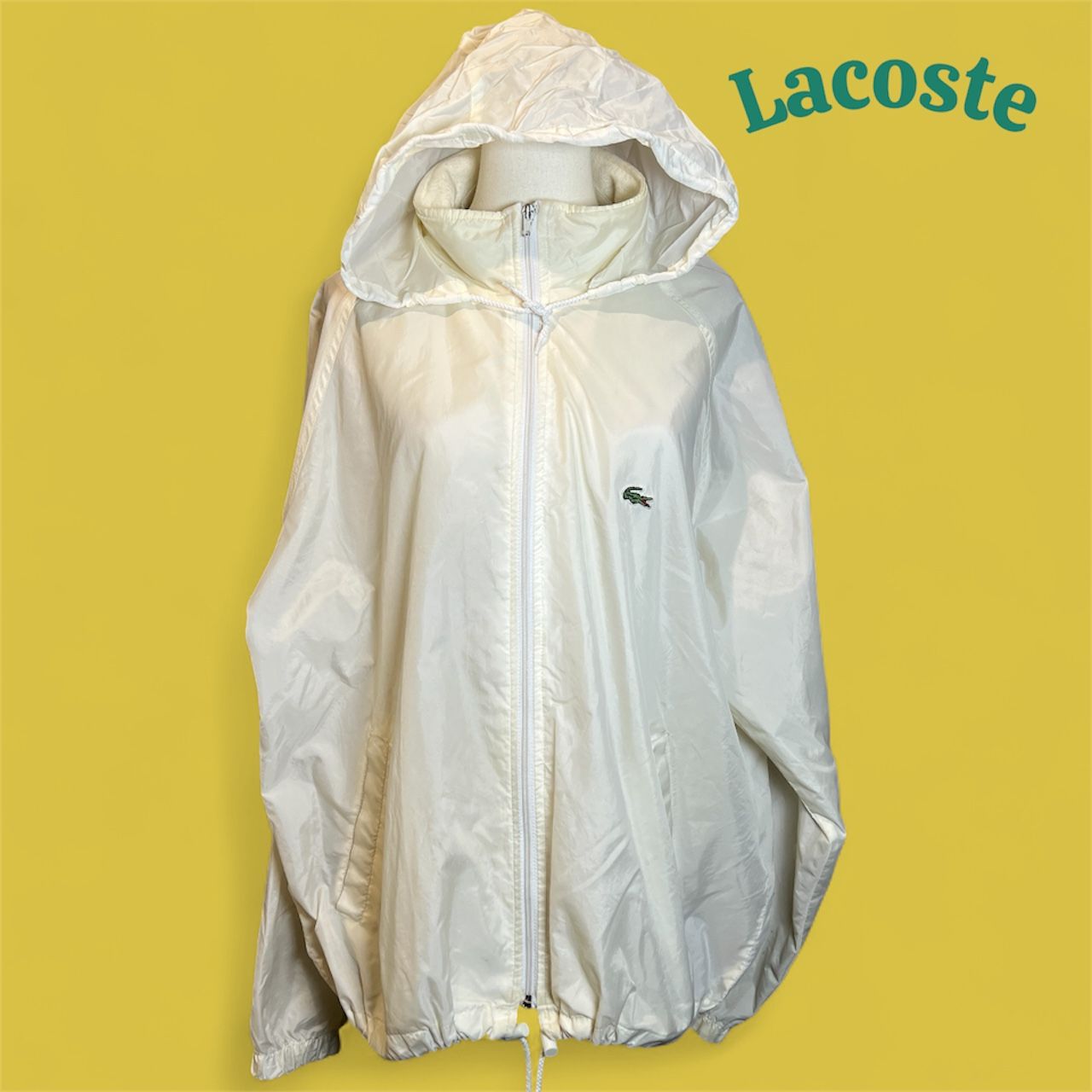 Lacoste XL White Nylon Hooded Windbreaker Lightweight Full Zip Jacket
