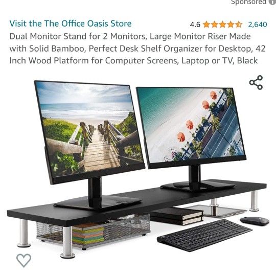 Dual Monitor Stand for 2 Monitors, Large Monitor Riser Made with Solid Bamboo, Perfect Desk Shelf Organizer for Desktop, 42 Inch Wood Platform for Com