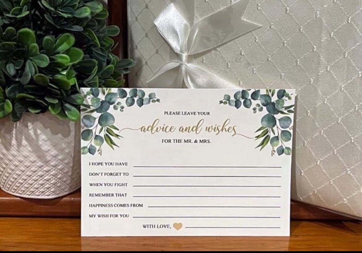 50 WEDDING BRIDAL SHOWER advice and wishes cards eucalyptus leaves greenery